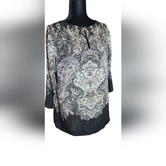 Rose And Olive Tunic Flowy Crepe Black And White Floral Paisle Flowy Sz 1X - Picture 8 of 12